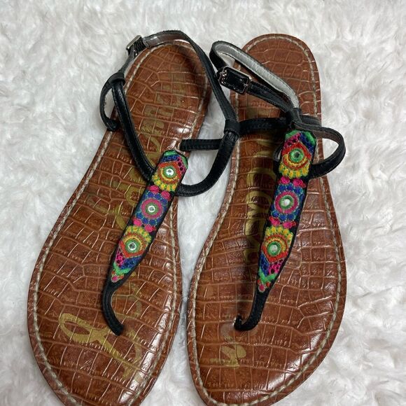 Sam Edelman Gigi leather multi color embroidery black T Strap thong sandals SZ9M - Picture 3 of 7